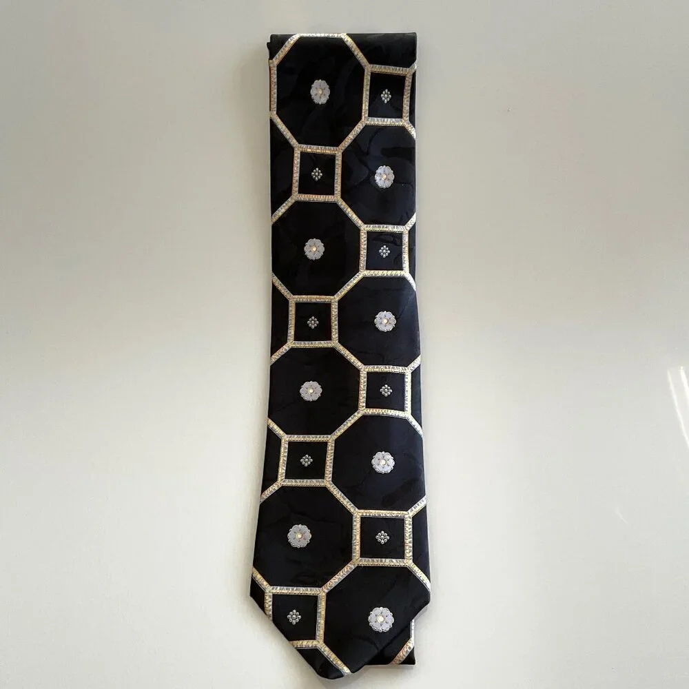 VINTAGE Brioni Silk Necktie Neiman Marcus Hexagon Medallion Geometric Italy Box